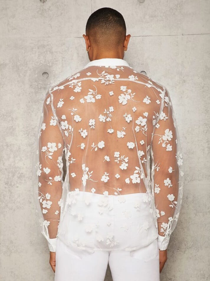 Uptown Funky Men Floral Print See Through Long Sleeve Button Up Plain Sexy Shirt